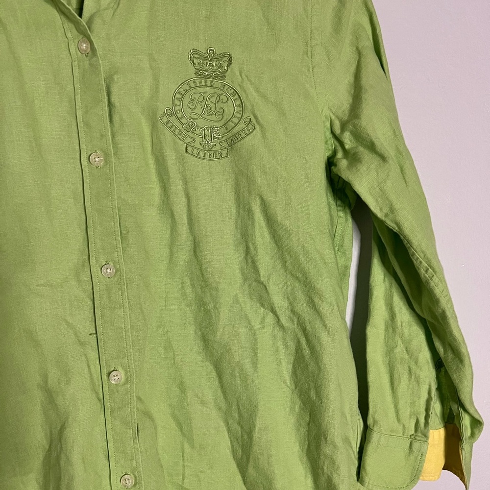 Lauren Ralph Lauren 100% linen logo button down shirt, flip sleeve, small - Picture 3 of 5